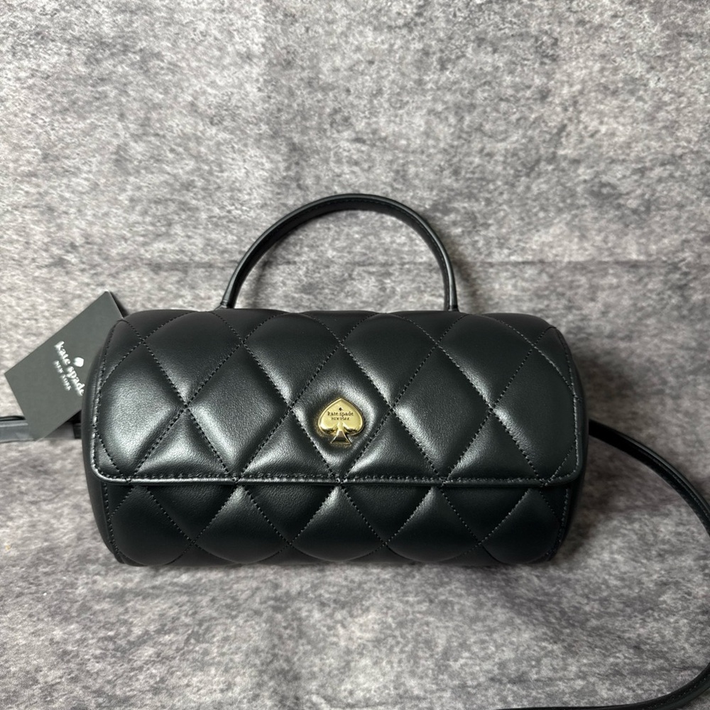 kate spade black quilted leather mini barrel bag with gold logo